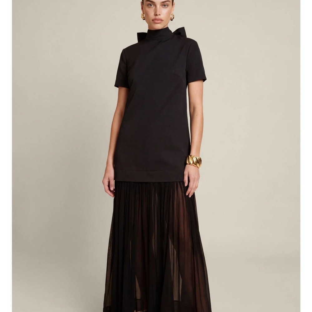 Black Maxi Dress with Sheer Pleated Skirt